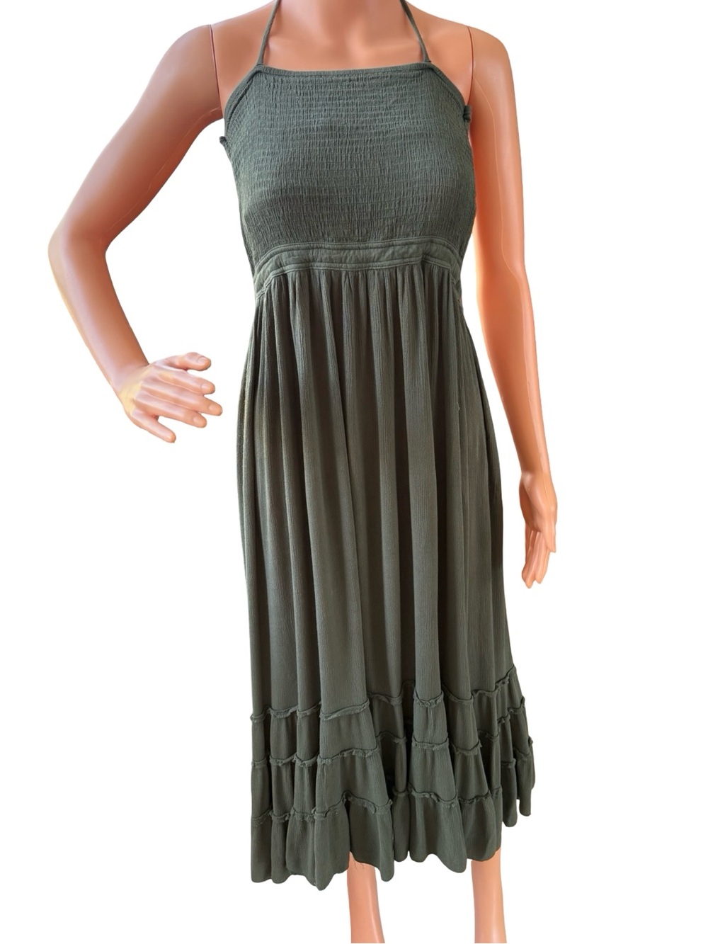 Smocked Halter Midi Dress in Olive Green